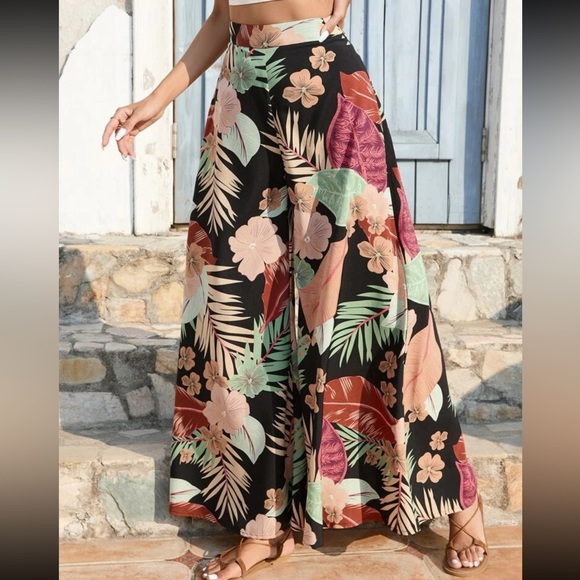 Boho floral leaves tropical print wide leg palazzo pants - Picture 2 of 12